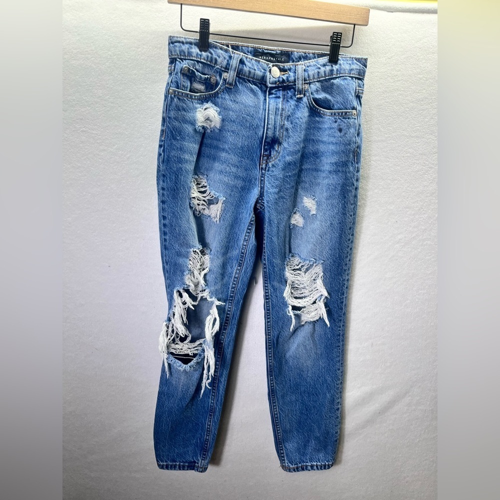 Aeropostale Distressed‎ Mom Jeans Womens 4 100% cotton Blue Denim Trashed 2358